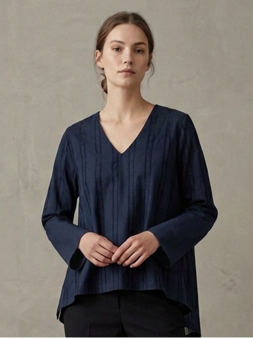 SBJ Austin S Designer Navy Long-Sleeve V-Neck Cotton Blouse Minimalist Modern